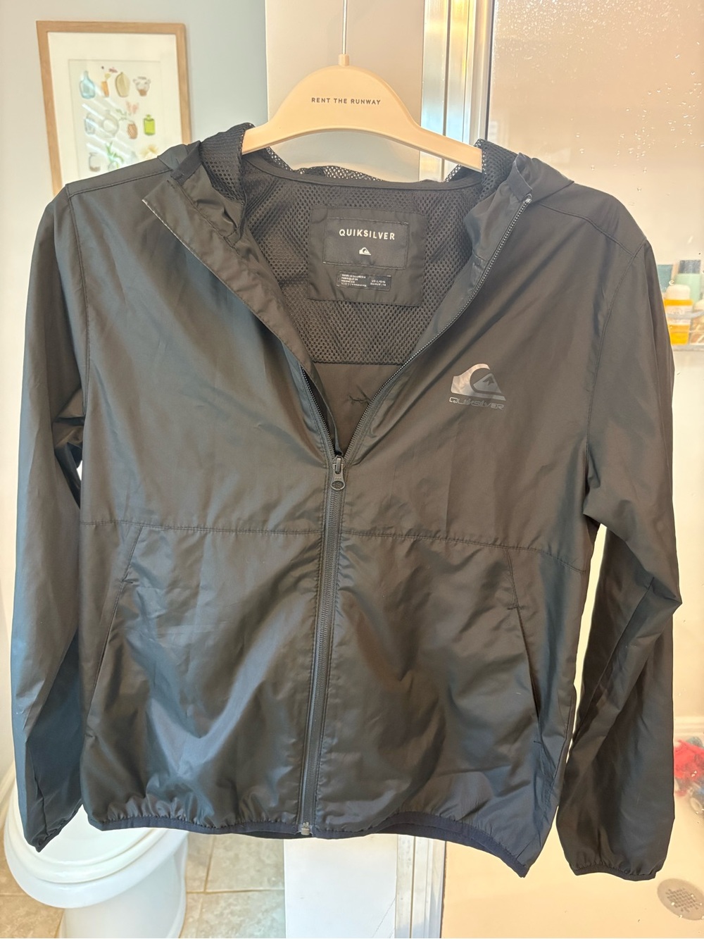Quiksilver Men's Large Black Windbreaker Jacket Hooded Mesh Lined Full Zip